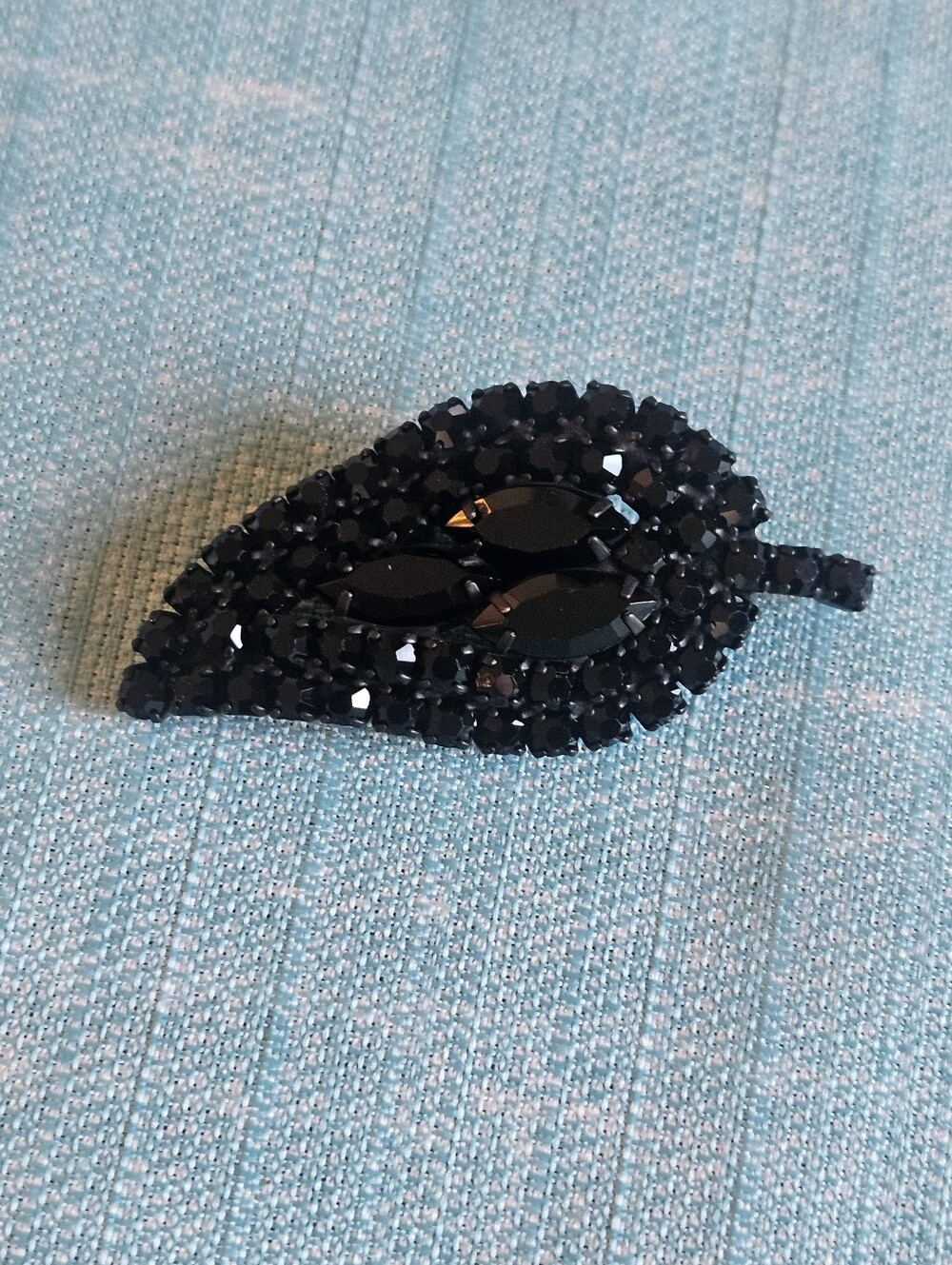 Jet Black On Black Rhinestone VTG Leaf Brooch Mourning Jewelry